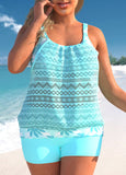 Plus Size Lace Stitching Cyan Leaf Print Tankini Set