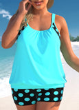 Plus Size Polka Dot Cyan Blouson Tankini Set