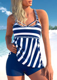 Stripe Print Ring Detail Navy Blue Tankini Set