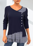 Striped Decorative Button Layered Hem Navy T Shirt