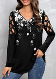 Zipper Floral Print Black V Neck T Shirt