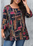 Round Neck Plus Size Printed 3/4 Sleeve T Shirt