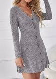 Button Long Sleeve V-Neck Mini Dress