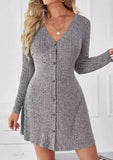 Button Long Sleeve V-Neck Mini Dress