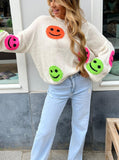 SMILEY FACE KNIT DROPPED SHOULDERS LOOSE PULLOVER SWEATER