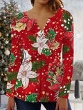 Women's Poinsettia Printed Long Sleeve V-Neck Christmas Top