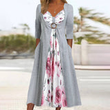 Long Sleeve V-neck Floral Gray Printed Midi Dress