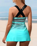 Polka Dot Print Crisscross Backless Swim Dress & Shorts Set