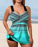 Polka Dot Print Crisscross Backless Swim Dress & Shorts Set