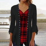 Long Sleeve V-neck Plaid Printed Fake Two-Piece Top