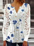 Women Long Sleeve V-neck Floral Printed Lace Top