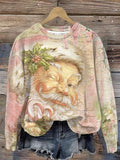 Pink Vintage Santa Claus Print Crew Neck Sweatshirt