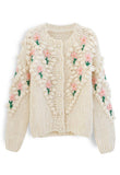 STITCH FLORAL DIAMOND POM-POM HAND KNIT CARDIGAN