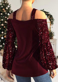 Off-Shoulder Sequined Solid T-Shirt