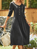 Round Neck Solid Knit Button Dress