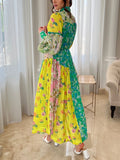 Colorblock Floral Print Lantern Sleeve Dress