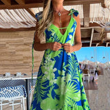 Printed V-neck Strappy Maxi Dress