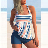 Orange Blue Striped Print Swimsuit Tankini Set