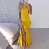 ELEGANT ONE SHOULDER SOLID COLOR SLIT DRESS