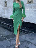 Fashion Split Crewneck Feather Long Sleeve Dress