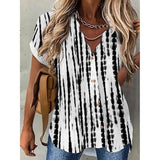 Wavy Neck Short Sleeve Printed Button Shirt