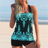 Colorful Print Black Wide Strap Tankini Set