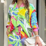 Lapel Long Sleeve Print 2pc Set