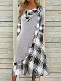 Plaid Button Pocket Pile Neck Long Sleeve Dress