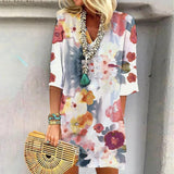 Mid-Sleeve Watercolor Small Flower Print Pocket Dress