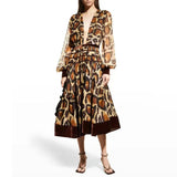 Leopard print V-neck lantern sleeve pleated dress