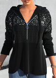 Asymmetric Hem Black Sequin Long Sleeve Hoodie