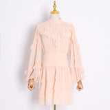 V-neck bubble sleeve long sleeve ruffle mini dress