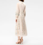 Lapel Long Sleeve Embroidered Waist Dress