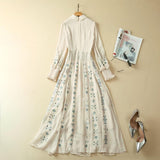 Lapel Long Sleeve Embroidered Waist Dress