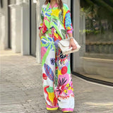 Lapel Long Sleeve Print 2pc Set