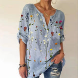 Loose Print V-Neck 3/4 Sleeve Top