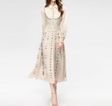 Lapel Long Sleeve Embroidered Waist Dress