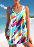 Geometric Print Cyan Bowknot Tankini Set