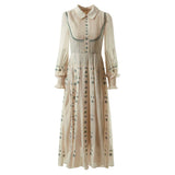 Lapel Long Sleeve Embroidered Waist Dress