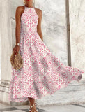 Pink Print Sleeveless Sling Long Swing Dress