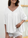 V-Neck Loose Casual Pleated Short Sleeve Top