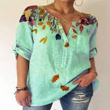 Loose Print V-Neck 3/4 Sleeve Top