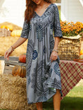 V-Neck Mid-Length Printed Vintage Dress