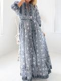 Elegant Printed Lace Up Cotton Maxi Dress