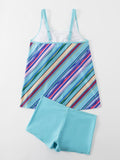 Cyan Geometric Stripe Print Tankini Set