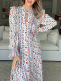 Printed Ruffe Button Up Long Sleeve Dress