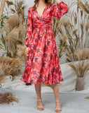 Long Puff Sleeves V Neck Chiffon Print Floral Red Formal Dress