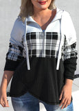 Plus Size Zipper Black Tartan Print Hoodie