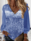 Casual V-neck Long Sleeve Sequined Top