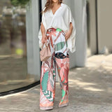 V-neck Dolman Sleeve Printed Wide-leg Suit